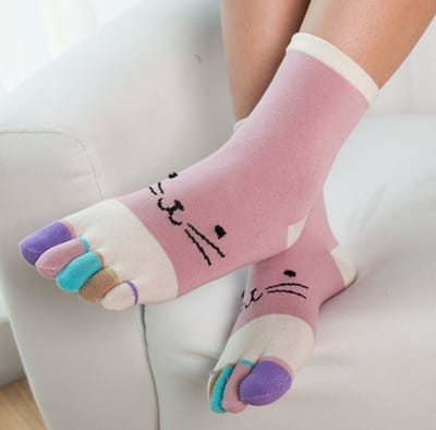 Teen sokken dames - teensokken - toesocks - roze - wit - leuke print kat - ogen - 36-40 - zacht - fitness - pilates - yoga - sport - voor haar - cadeau