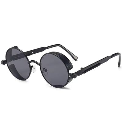 Retro ronde gepolariseerde steampunk zonnebril, unisex, veiligheidszonnebril - 2 paar (zwart montuur, grijze glazen)
