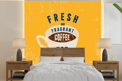 Behang - Fotobehang Koffie - Retro - Fresh and fragrant coffee for you - Spreuken - Quotes - Breedte 300 cm x hoogte 300 cm