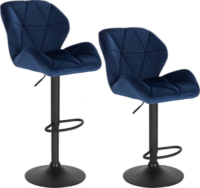 BukkitBow - Luxe Barkrukken Velvet Met Rugleuning en Mini Armleuning - Draaibaar en met Voetensteun - (60 - 82CM Zithoogte) - Blauw