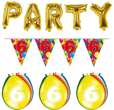 Folat - Verjaardag feestversiering 6 jaar PARTY letters en 16x ballonnen met 2x plastic vlaggetjes