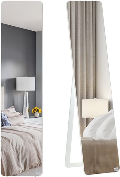Staande spiegel passpiegel met frame make-up spiegel vrijstaand of aan de wand stabiel grenen hout wit 37 x 43 x 156 cm