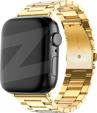 Bandz stalen band 'Classic' geschikt voor Apple Watch 1/2/3/4/5/6/7/8/9/SE - Maat: 38 / 40 / 41 / 42mm - Hoogwaardig stalen materiaal smartwatchbandje - Gemakkelijk in te korten met de meegeleverde toolkit - gouden stalen Apple Watch bandje