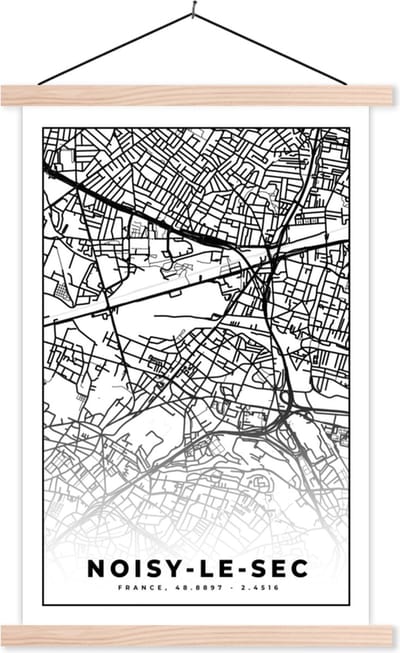 Posterhanger incl. Poster 40x60 cm - Schoolplaat - Stadskaart - Noisy-le-Sec - Plattegrond - Kaart - Frankrijk - Zwart wit - Textielposter - Blanke latten - Stadskaart