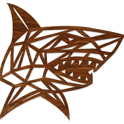 Haai geometrische line-art wanddecoratie – dierenkop wandbord – middel 38×38 cm – populierenhout Palisander kleur