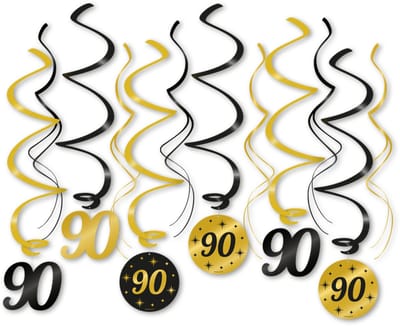 Q2P – 90 Jaar Slingers – Zwart & Gouden Hangdecoratie – Verjaardag Versiering – Feest Swirl – 12 Stuks