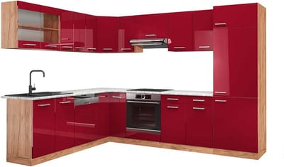 Vicco Hoekkeuken R-Line, Rode hoogglans/Goudkleurig Eiken, 287 x 227 cm, WB Marmer