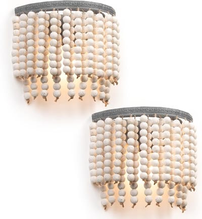 Witte vintage natuurlijke houten parels wandlamp Bohemia wandlamp rustieke boho lamp landhuisstijl boerderij verlichting voor slaapkamer hal entree passage woonkamer [Energieklasse A+]