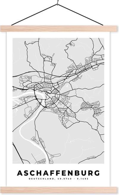 Posterhanger incl. Poster 40x60 cm - Schoolplaat - Duitsland - Stadskaart - Plattegrond - Kaart - Afschaffenburg - Textielposter - Blanke latten - Stadskaart