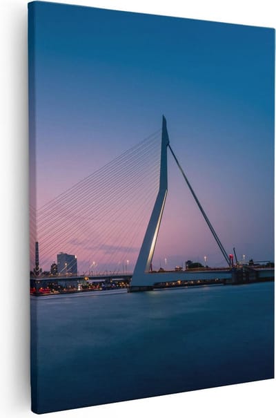 Artaza Canvas Schilderij Rotterdam Skyline - 80x100 cm - Groot - Wanddecoratie Zonsondergang - Muurdecoratie Erasmusbrug - Schilderijen Op Canvas