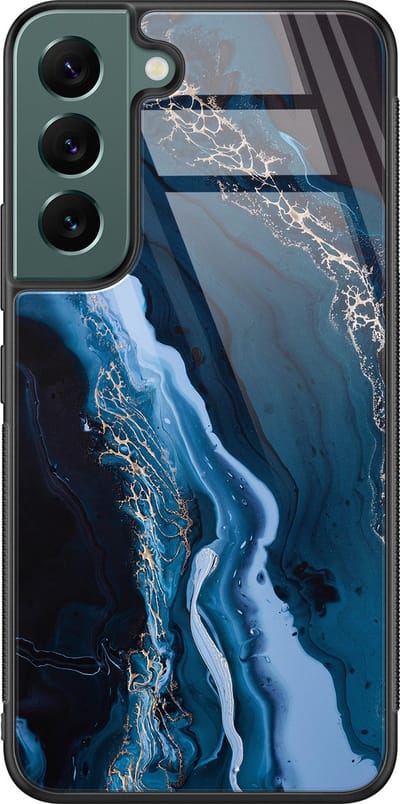 Hoesje geschikt voor Samsung Galaxy S22 - Marmer kobaltblauw - Luxe Glazen Hardcase - Marmer - Blauw