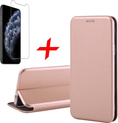 Hoesje geschikt voor iPhone 11 Pro Max - Screen Protector GlassGuard - Book Case Kunstleer ThinShield Roségoud & Screenprotector