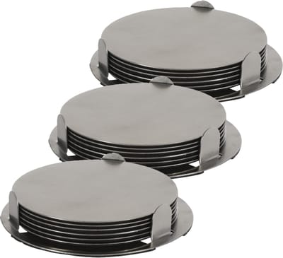 Onderzetters - 18x st - zilver - D8,5 cm - RVS - met houder - glazen/bekers/kopjes onderzetter