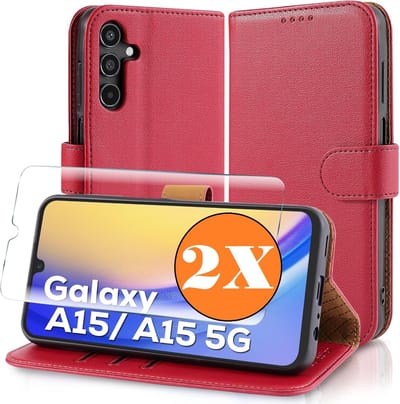 Hoesje geschikt voor Samsung Galaxy A15 5G hoesje Rood pasjeshouder telefoon hoes - Met screenprotector tempered glass voor Galaxy A15 5G - 2x