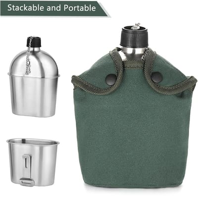 2 pièces 1000 ml 600 ml Ensemble Tasse Gourde Militaire en Acier Inoxydable avec Sac de Couverture pour Camping en Plein Air Randonnée Randonnée argenté