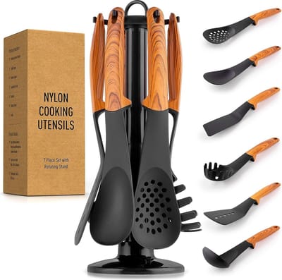 Royalty Line® U03 Keukengerei Set - 7 Delige Kookgerei Set - BPA Vrij - Koken - Ophangbaar - Hittebestendig - Met Carroussel - Kitchenset - Houtlook
