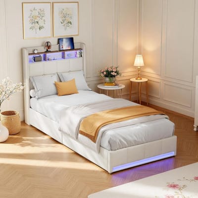 Eenpersoonsbed met LED - Gestoffeerd bed Tienerbed - Slaapkamer Opbergen - Geïntegreerd Laadstation - 90x200 cm - Beige