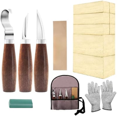 Houtsnijset, inclusief lindenhouten blokken. Een cadeauset geschikt voor volwassenen en kinderen. De beginnersset voor houtsnijden bevat 3 snijmessen, 8 houtblokken en een paar handschoenen.