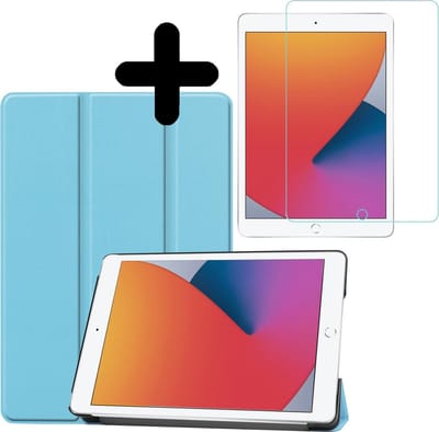 Hoesje - Geschikt voor Apple iPad 8 (2020) - 10.2 inch - 8e Generatie - Met Screenprotector - Hardcover Book Case - Trifold Bookcase Hoes - Hard Cover - Tablethoes - Lichtblauw