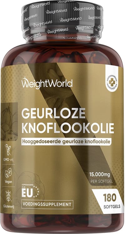 WeightWorld Geurloze Knoflookolie softgels - 15.000 mg - 180 vegan knoflook softgels voor 6 maanden - Geur- en smaakloos