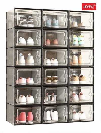 Hoppa! schoendozen, set van 18, opbergdozen voor schoenen, schoen organizer, plastic dozen, opvouwbaar en stapelbaar, voor schoenen tot maat 42, transparant zwart