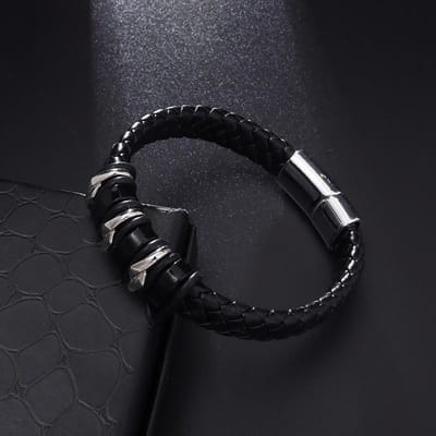 Bracelet en Cuir Tissé Vintage Personnalisé Bracelet Manchette pour Homme Magnétique black