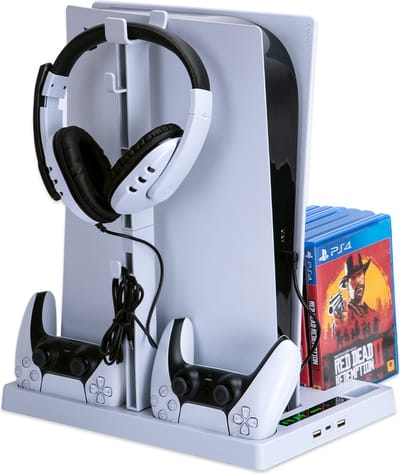 Multifunctioneel Opbergstation Standaard met Actieve Koeling Ventilatie geschikt voor Playstation 5 | Opbergsysteem Coolingstation met oplader voor PS5 DualSense Controllers Joystick | CD games en Koptelefoon opbergen - IV-P5246W