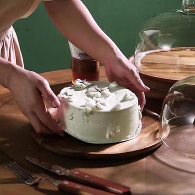 Taartstandaard met Deksel - Taartplateau Serveerschaal - Desserts Presenteren - Acaciahout en Glas - 21 x 15 cm - Natuurlijk