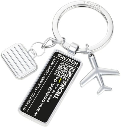 Troika | Sleutelhanger met verloren voorwerpen service, 3 bedels: vliegtuig, koffer en plaquette.