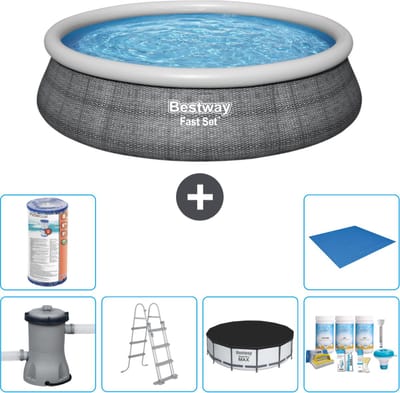Bestway Rond Opblaasbaar Fast Set Zwembad - Rotanprint - 457 x 107 cm - Inclusief Pomp - Ladder Afdekzeil - Onderhoudspakket - Filter - Grondzeil