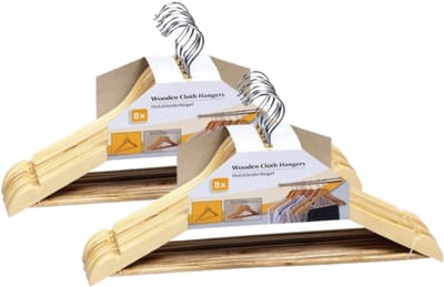 1 x 8 stuks - houten kledinghangers | Houten kapstok | Kleerhanger met inkeping en broeklat | Broekhanger | 360° draaibare haak
