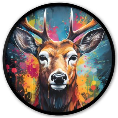 Poster in lijst Rond - Fotolijst 40x40 cm - Posters - Hert - Graffiti - Dieren - Kleuren - Ronde posterlijst zwart - Decoratie - Wanddecoratie woonkamer - Muurdecoratie slaapkamer