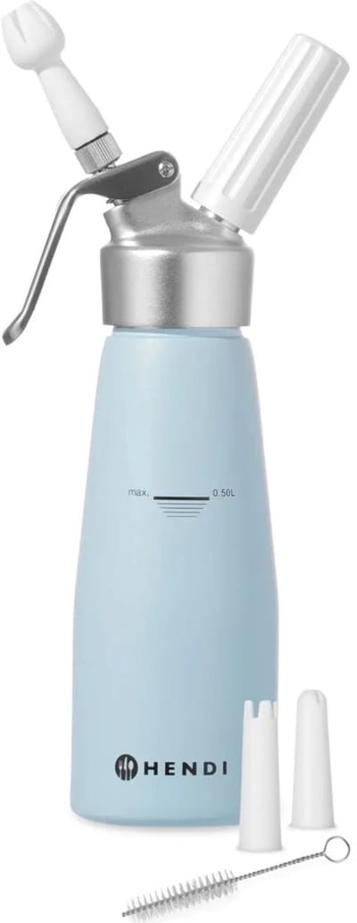 HENDI Slagroomapparaat – 0,5L – Pastelblauw – Inclusief mondstukken en reinigingsborstel