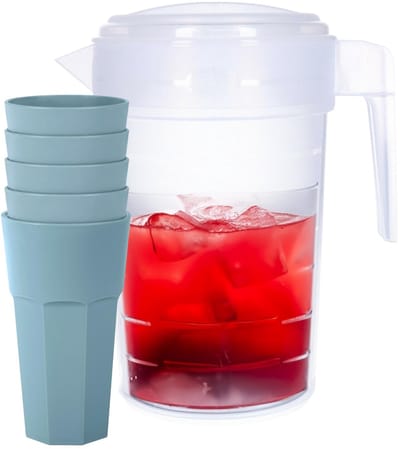 Plasticforte Waterkan van 2 Liter - transparant - kunststof - met 5x stuks onbreekbare drinkglazen - blauw - 600 ml