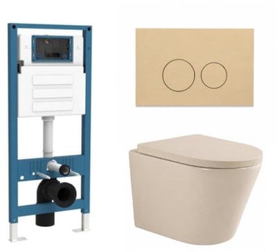 QeramiQ Dely Toiletset - inbouwreservoir Qeramiq Flush - 35mm zitting - kunststof beige bedieningsplaat - ronde knoppen - beige