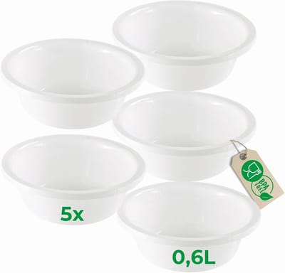 Novaliv 5x Afwaskommen Rond 0,6L, D16 cm, Wit, BPA-vrij, Vaatwasserbestendig, Ideaal voor Keuken en Camping, Kleine Ronde Kom, Kleine Plastic Kom, Kleine Afwaskom, Plastic Kom