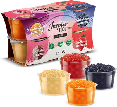 Inspire Food Company - Bubble tea - Bubble Tea Parels - Popping Boba Pearls - Popping Fruitparels - Aardbei, Passievrucht, Litchi, Blauwe Bes - 4 x 100 gram