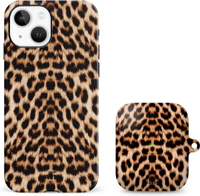 xoxo Wildhearts telefoonhoesje geschikt voor iPhone 14 Plus met AirPods 1 en 2 hoesje - set - Wild Thing - Double Layer - Telefoonhoesje met dubbele beschermlaag - Panterprint - Tijger - Panter - Tijgerprint hoesje