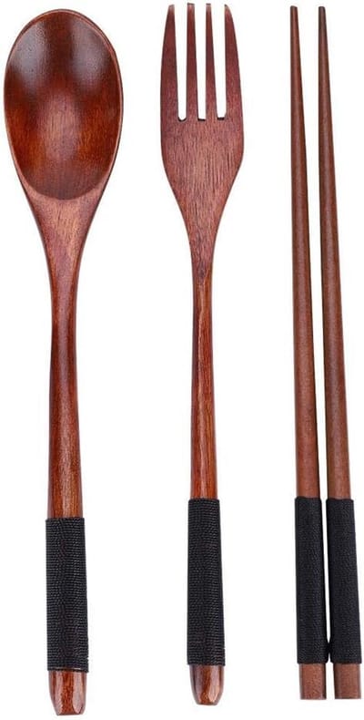 Houten Bestekset met Pouch: Lepel, Vork en Eetstokjes voor Sushi en Maaltijden