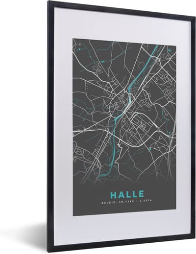 Fotolijst incl. Poster - België – Halle – Stadskaart – Kaart – Blauw – Plattegrond - 40x60 cm - Posterlijst