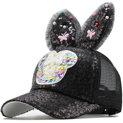 Cartoon Baseballpet met Lange Oren Zomer Nieuw Item Kinderen Mesh Pet Kralenstuk Meisjes Zonnehoed 50-54cm gray