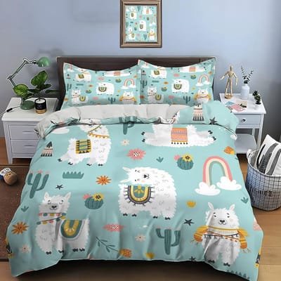Schattige Cartoon Llama Alpaca Print Beddengoed Collectie Dekbedovertrek 1 Dekbedovertrek 2 Kussenslopen Beddengoed Collectie voor Volwassenen en Kinderen Luxe Cadeaus AU Single(140x210cm)