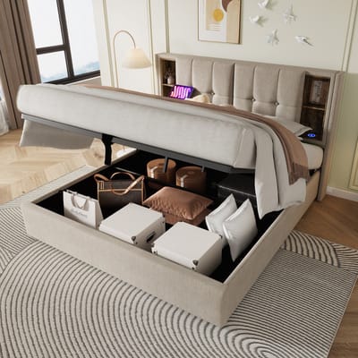 Sweiko Tweepersoonskamer - 180x200 cm - USB type C oplaadfunctie - Opbergruimte - Zonder matras - Linnen - Beige