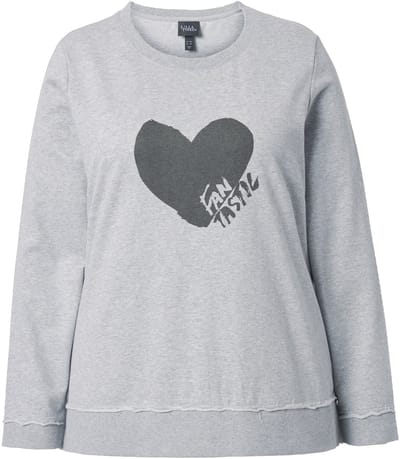 Ulla Popken - Dames - Sweatshirt hart ronde hals lange mouwen open afgewerkt - Lichtgrijs melange - Maat 42+