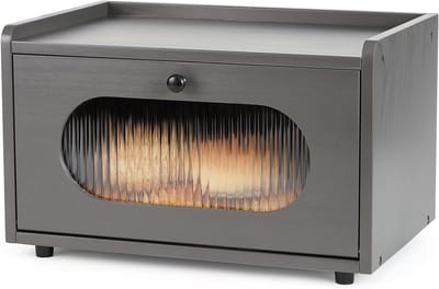 Houten broodtrommel voor op het aanrecht - Grenen broodopbergdoos voor in de keuken - Broodcontainer met magnetische acryldeur, grijs, M.
