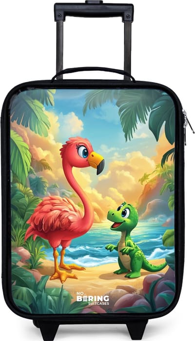 NoBoringSuitcases.com® - Kinderkoffer jongen - Kindertrolley meisje - Flamingo en dinosaurus op strand bij ondergaande zon - Koffer kind lichtgewicht - Reiskoffer trolley voor kinderen - Koffertje met lichtgevende wieltjes - Rolkoffer zwart