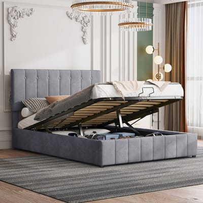 DESMIU Gestoffeerd Bed 140x200 Cm - Hydraulisch Opbergbed Met Verstelbaar Hoofdbord - Ruime Opbergruimte Onder Bed - Voor Slaapkamer - Fluweel - Grijs - Zonder Matras