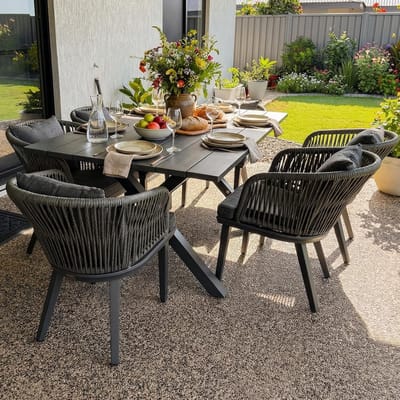 Tuinset 6 personen met tafel en stoelen – Polyrotan dining set met aluminium frame en kussens, weerbestendig – Luxe tuinmeubelset grijs – Urbanhome