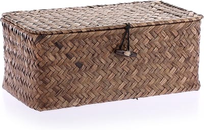 Famanu – Mandje - zeegras - opbergen - vierkant - voor op tafel - geweven - met deksel - voor de badkamer - organizer - voor op de plank of het bureau - decoratief - multifunctioneel