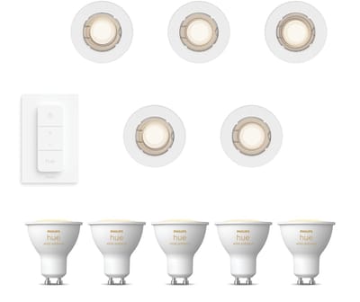 Philips Hue Peridot Set van 5 Inbouwspots (Wit) - Rond - Niet Richtbaar - GU10 - Warm tot Koelwit Licht - Incl. Hue Dimmer Switch - Hue White Ambiance